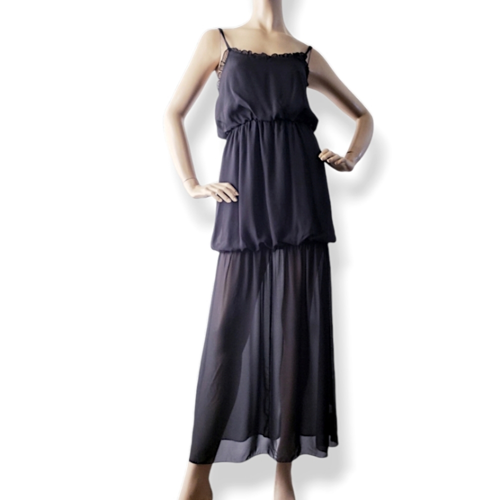 Black Tiered & Pleated Chiffon Dress With Ruffles by A3 Design